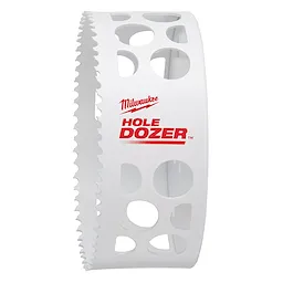 RANGE%20OF%20Hole%20Dozer%20Bi-Metal%20Hole%20Saw%20%204-3%2F8%22%204-1%2F2%22%204-5%2F8%22%204-3%2F4%22 is a white hole saw with sharp teeth and large round cut-out holes.