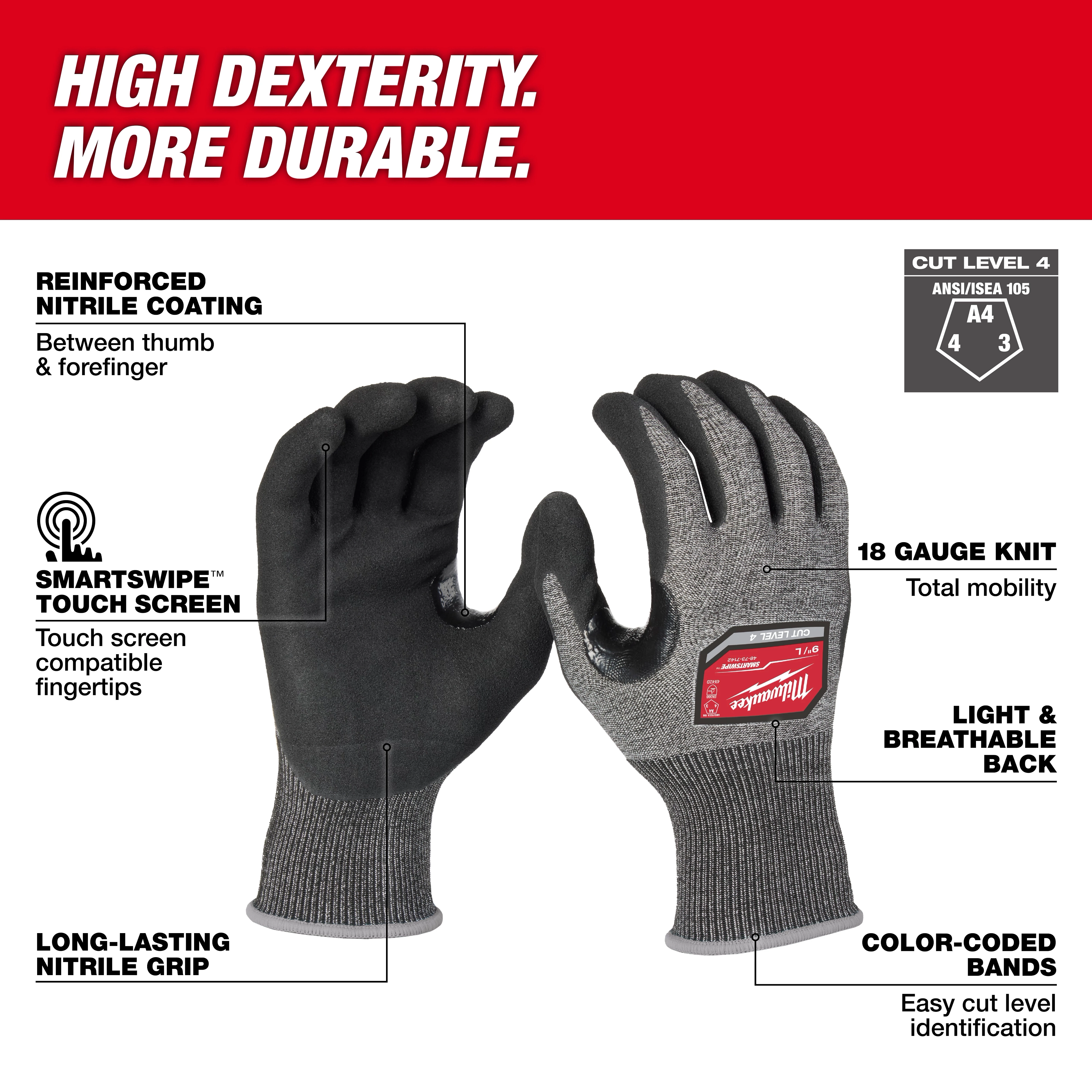 Cut Level 4 High-Dexterity Nitrile Dipped Gloves feature reinforced nitrile coating, 18-gauge knit, SmartSwipe touch screen, and color-coded bands.