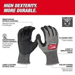 Cut Level 4 High-Dexterity Nitrile Dipped Gloves feature reinforced nitrile coating, 18-gauge knit, SmartSwipe touch screen, and color-coded bands.
