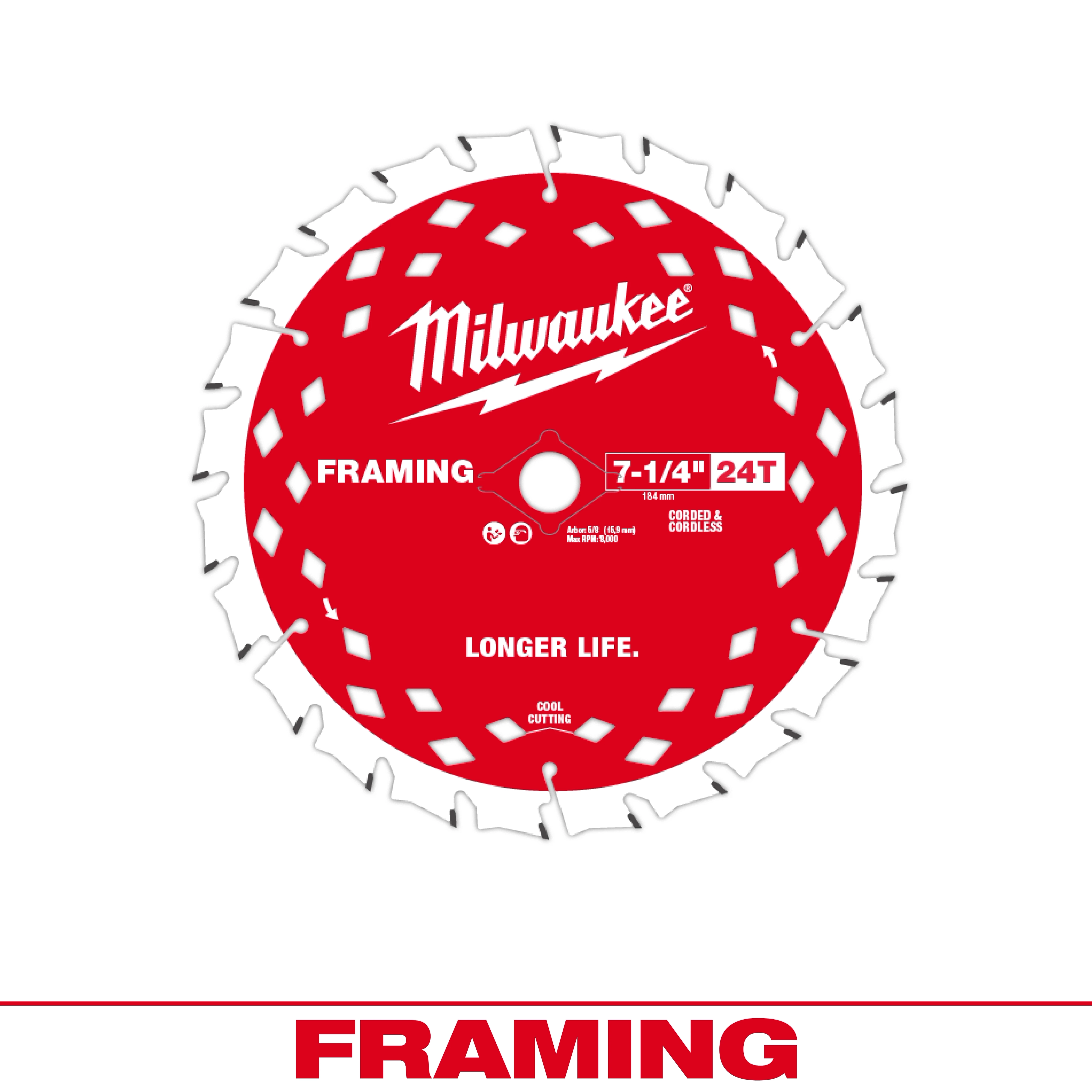 Red 7-1/4" 24T Framing Circular Saw Blade with white text, stating "Longer Life" and "Cool Cutting," designed for corded and cordless saws.