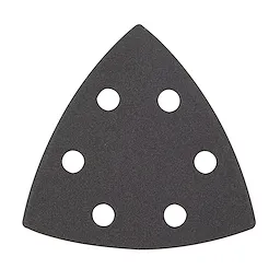 Milwaukee OMT Blades, 180 Grit Sandpaper (6 pack) displayed in a triangular shape with six circular holes.