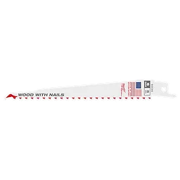 The 6" 5 TPI SAWZALL® Blade for Wood with Nails Bulk is a white reciprocating saw blade designed for cutting wood and nails. It features red and black text, a row of teeth, and an American flag graphic near the base.
