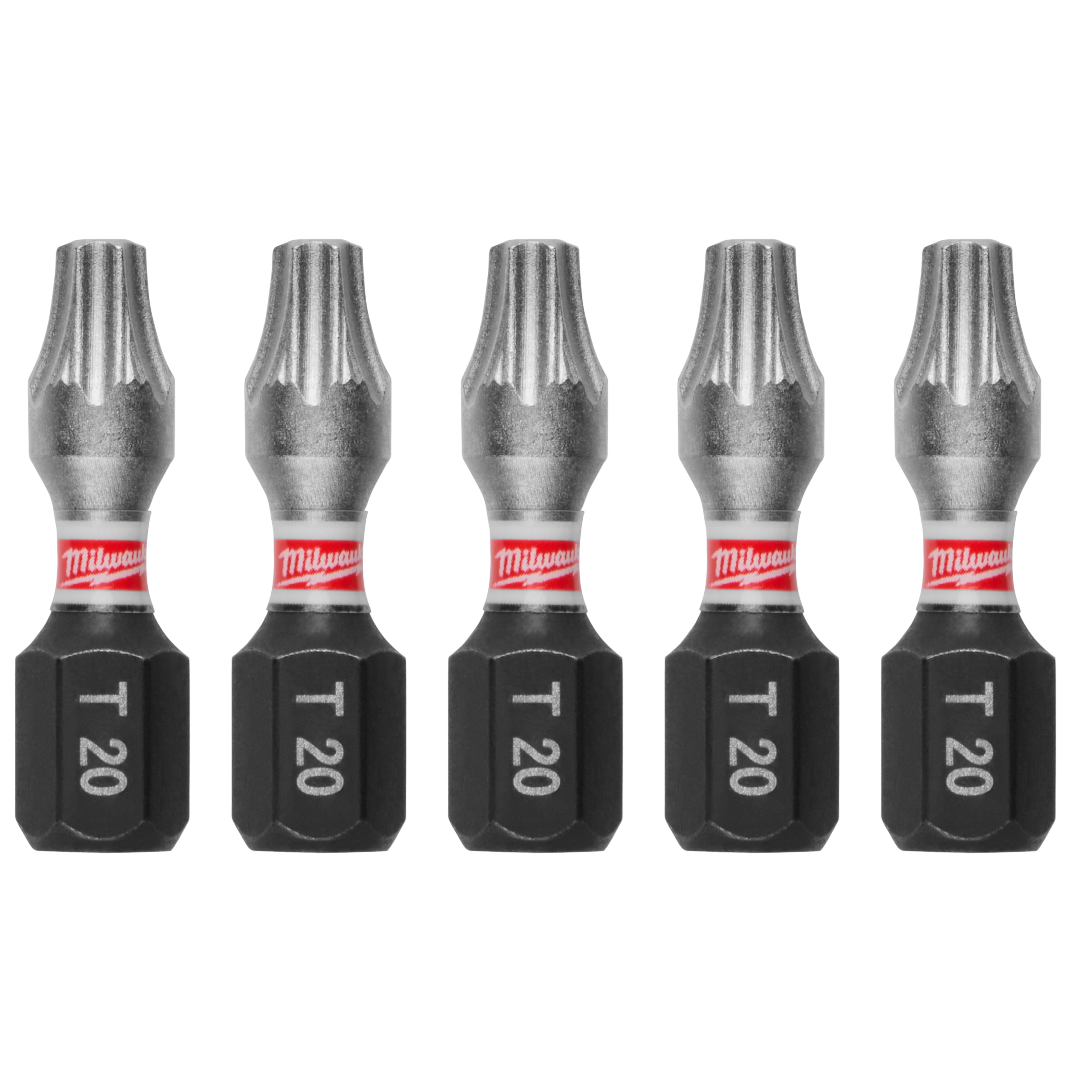 Five SHOCKWAVE™ 1" Impact TORX® T20 Insert Bits (5 PK) are lined up side-by-side. They have a metallic bit end, a red band with "Milwaukee" branding, and a black base marked with "T 20".