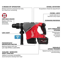 The M18 FUEL 1-9/16" SDS Max Rotary Hammer with ONE-KEY features two operation modes, chisel rotation, LED light, and anti-vibration system.