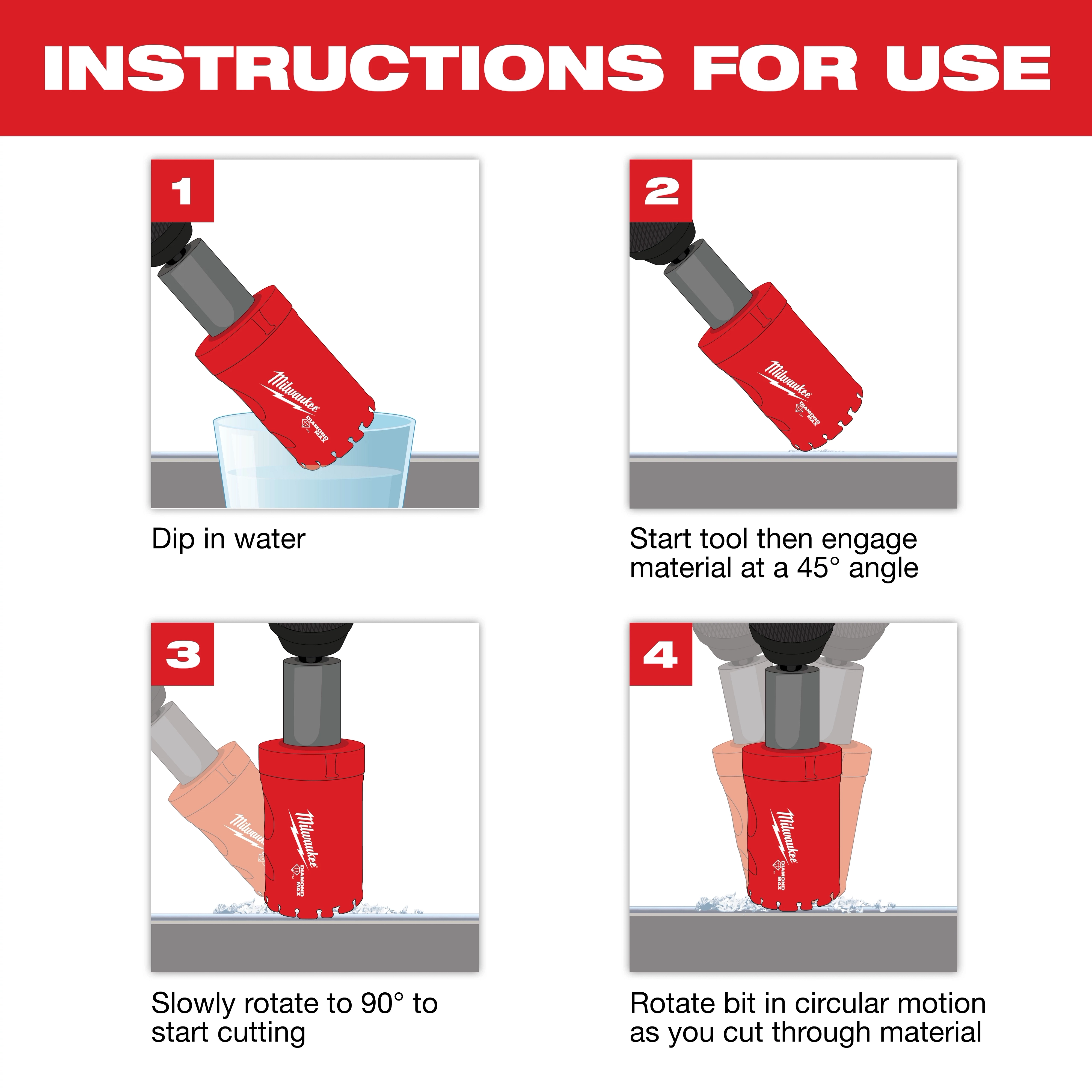 Diagram illustrating the use of Diamond Max Hole Saws: dip in water, start at 45° angle, rotate to 90°, cut with circular motion.