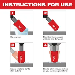 Diagram illustrating the use of Diamond Max Hole Saws: dip in water, start at 45° angle, rotate to 90°, cut with circular motion.