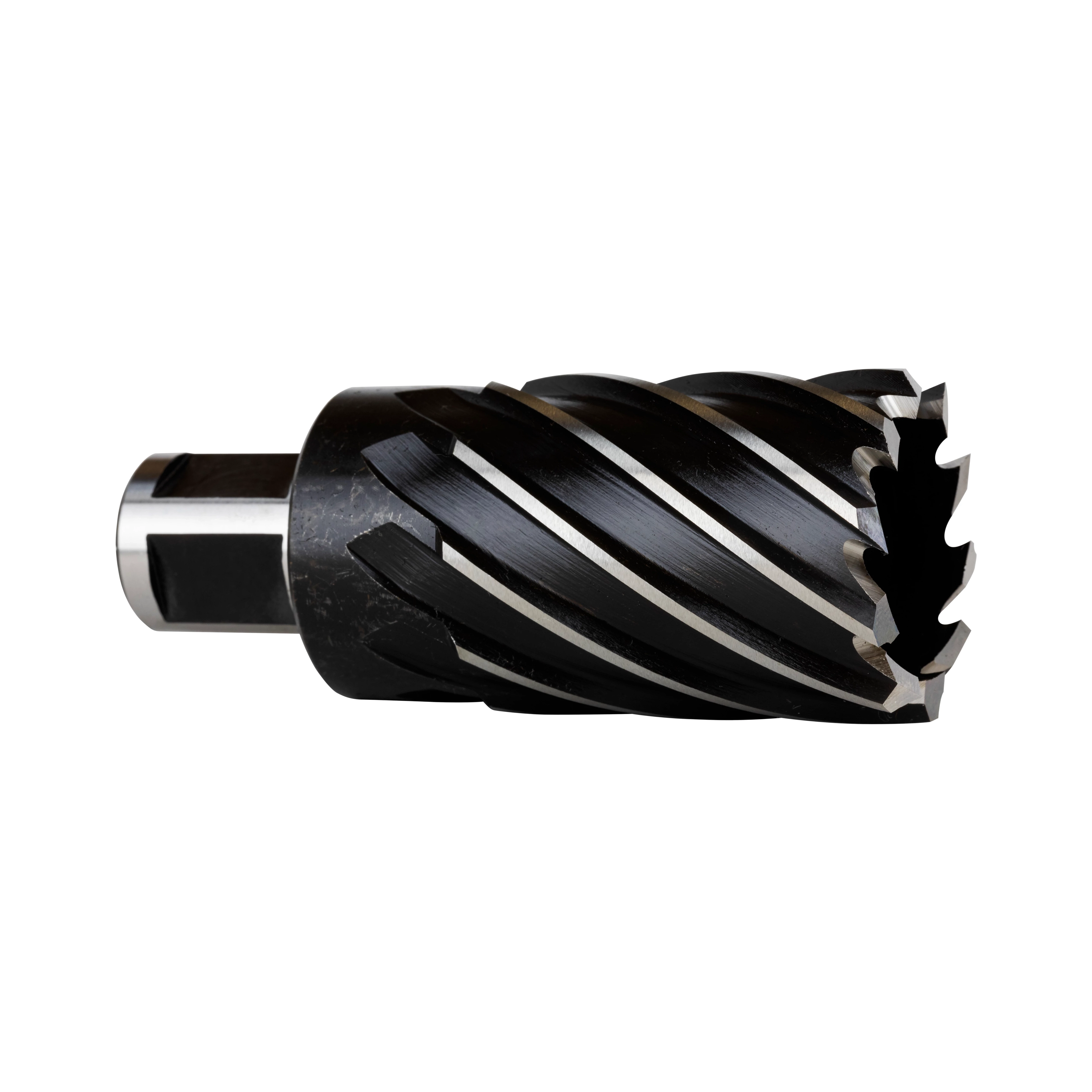 HSS Annular Cutter with a cylindrical body, helical flutes, and a cutting edge designed for drilling precise holes in metal.