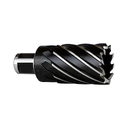 HSS Annular Cutter with a cylindrical body, helical flutes, and a cutting edge designed for drilling precise holes in metal.