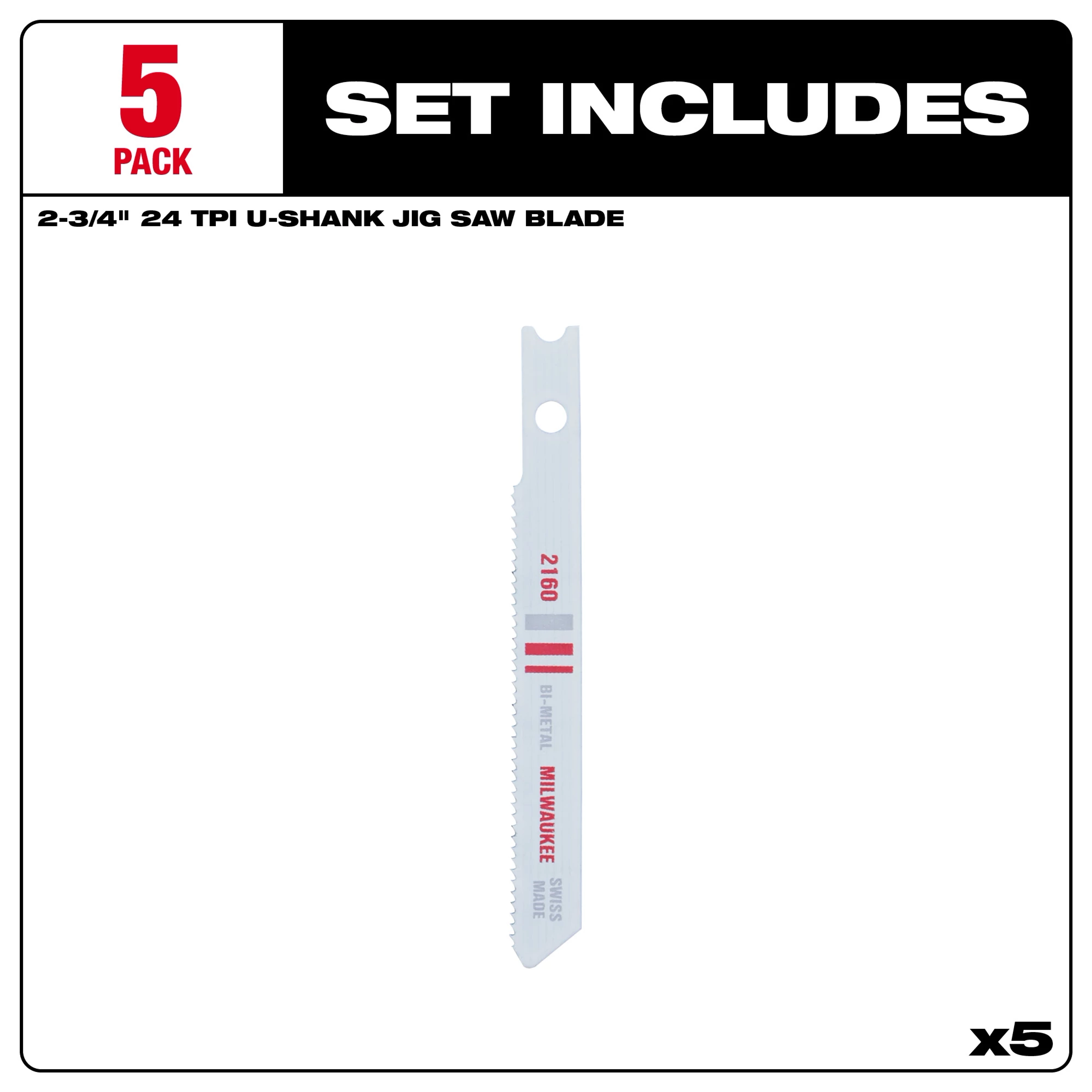 A 5-pack of 2-3/4" 24 TPI U-Shank Metal Cutting Bi-Metal Jig Saw blades, shown individually with packaging text.