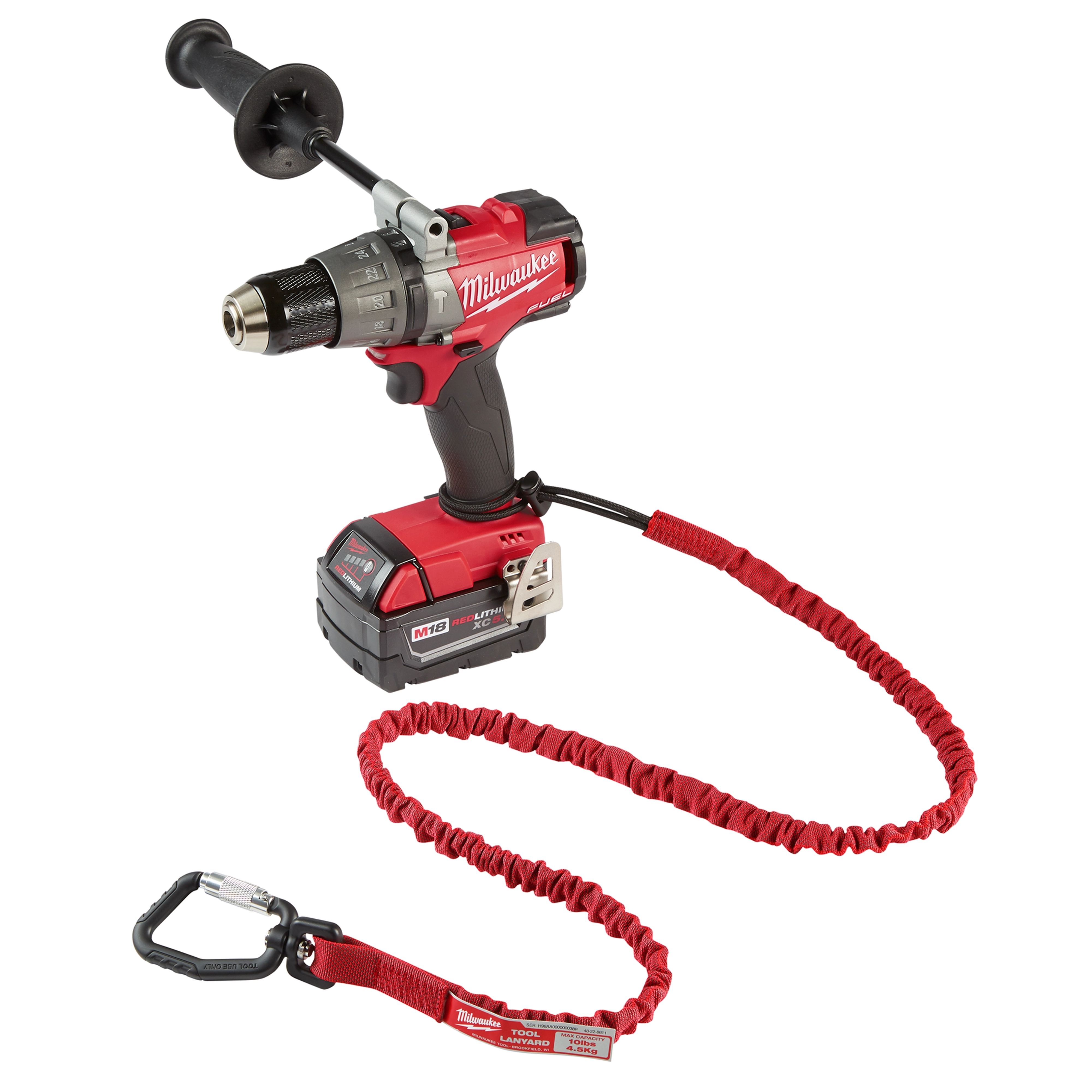 Milwaukee cordless drill with a red 10 20LB Extended Reach Locking Tool Lanyard attached to prevent dropping during use.