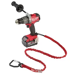 Milwaukee cordless drill with a red 10 20LB Extended Reach Locking Tool Lanyard attached to prevent dropping during use.