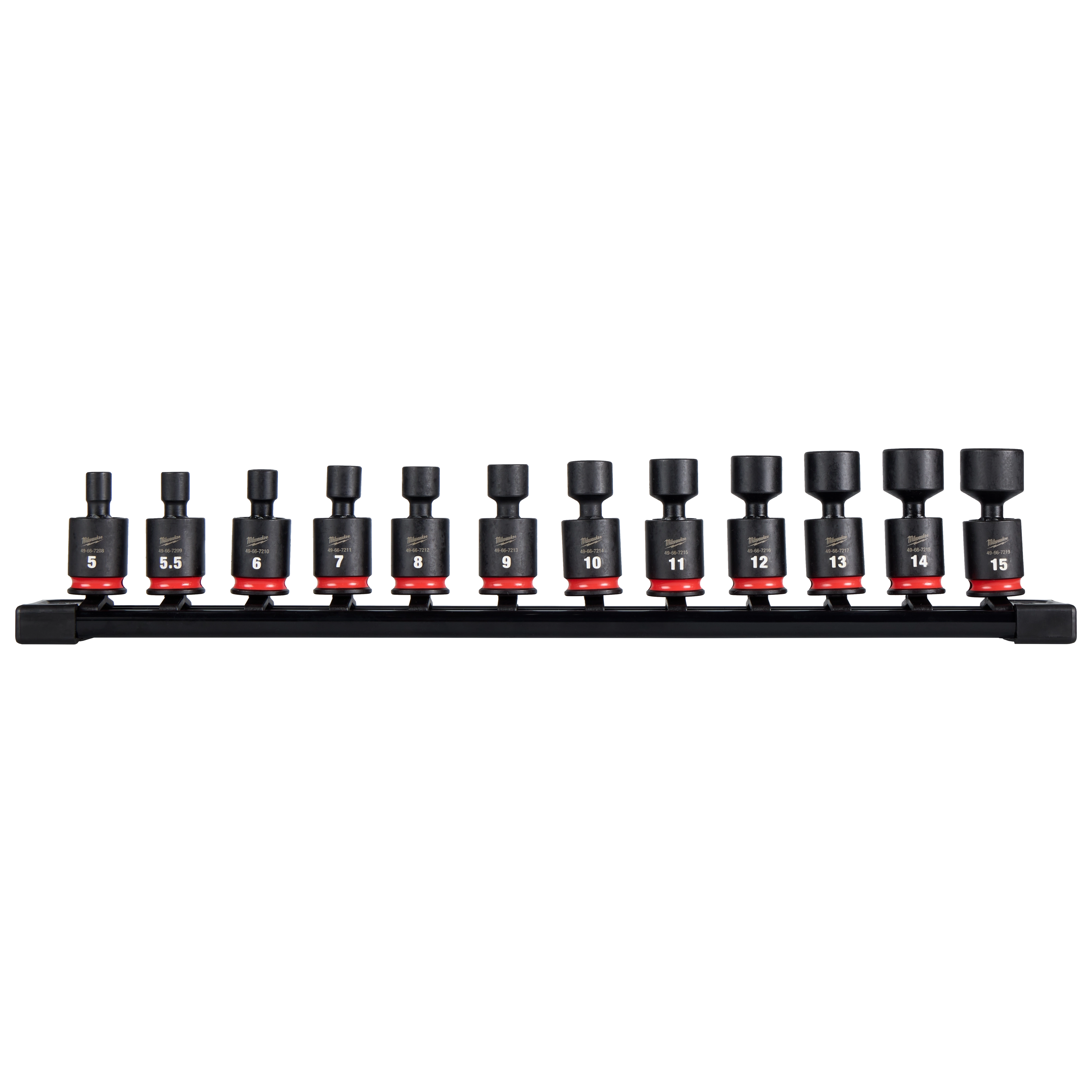 The image displays a 12PC SHOCKWAVE Impact Duty 1/4" Drive 6 Point Metric Standard Swivel Socket Set. The set includes sockets ranging from sizes 5 to 15, all organized on a black holding rack.