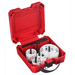 Red plastic case containing 13pc Hole Dozer Electrician’s Bi-Metal Hole Saw Kit. Includes various sizes of white hole saws and arbors.