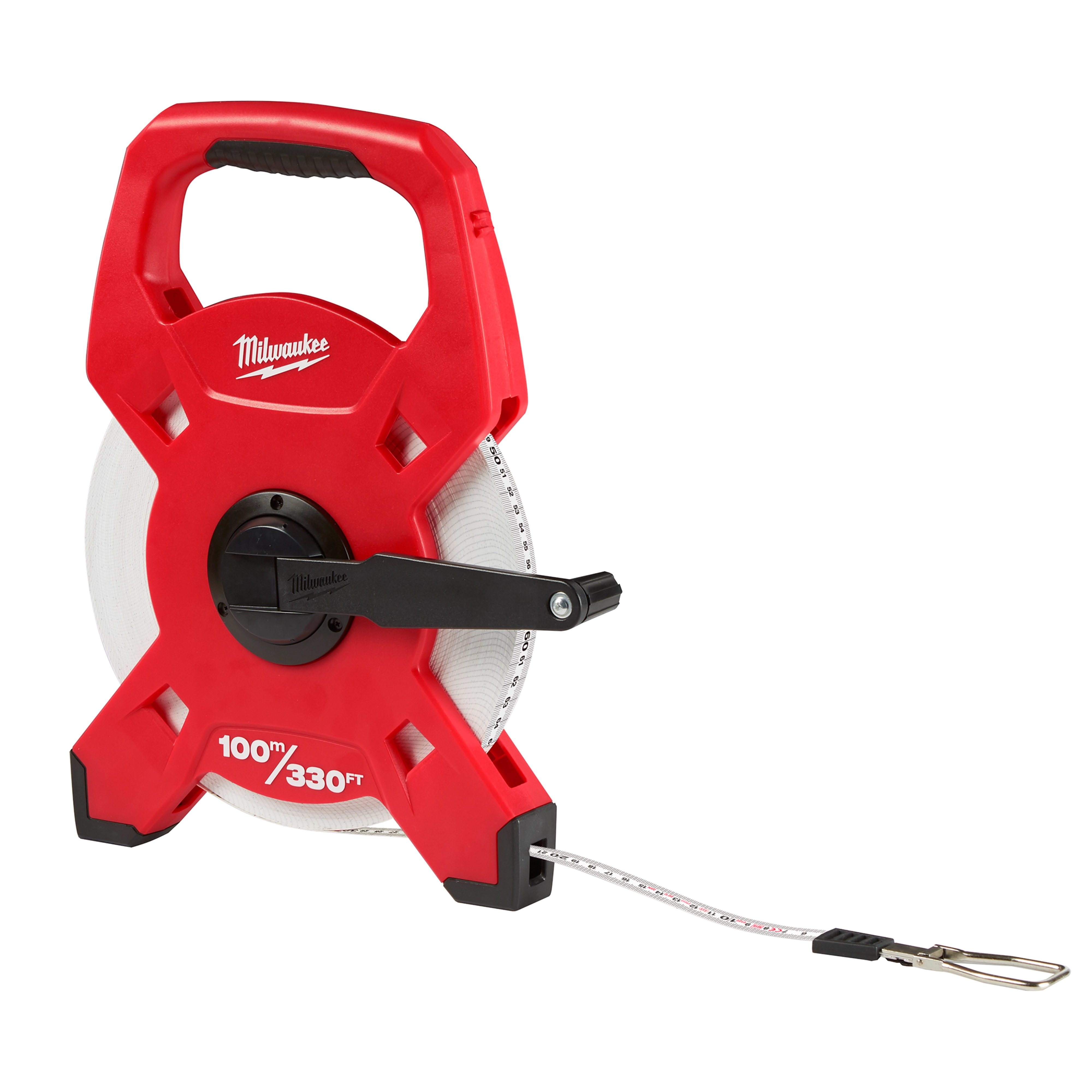 Red and black 100m/330ft Fiberglass Long Tape with handle and retractable reel. Features hook at tape end for easy measuring.