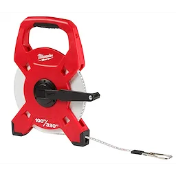 Red and black 100m/330ft Fiberglass Long Tape with handle and retractable reel. Features hook at tape end for easy measuring.