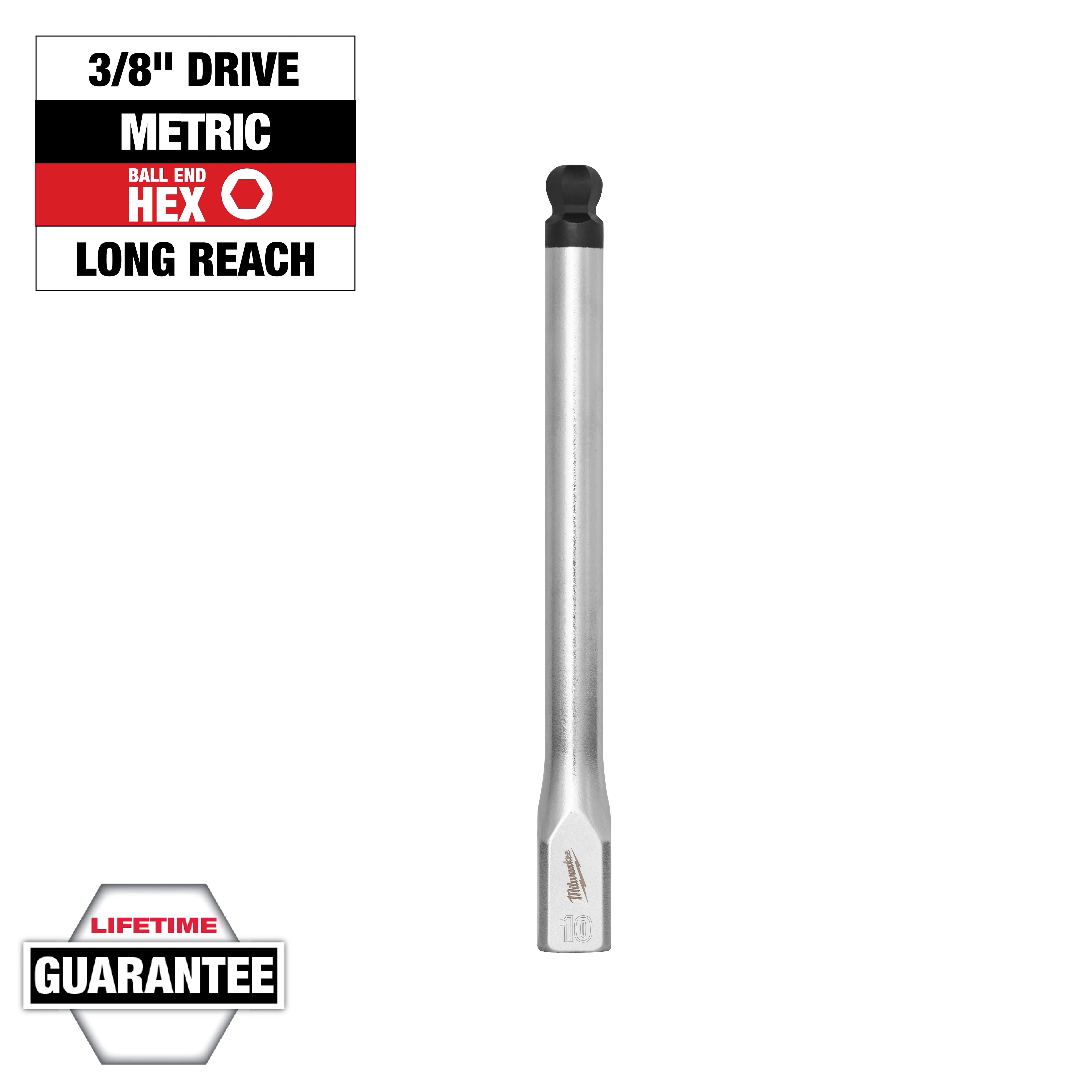 3/8" Drive 10mm Long Ball End Hex Bit Socket, featuring a long reach design, metric measurement, lifetime guarantee label included.