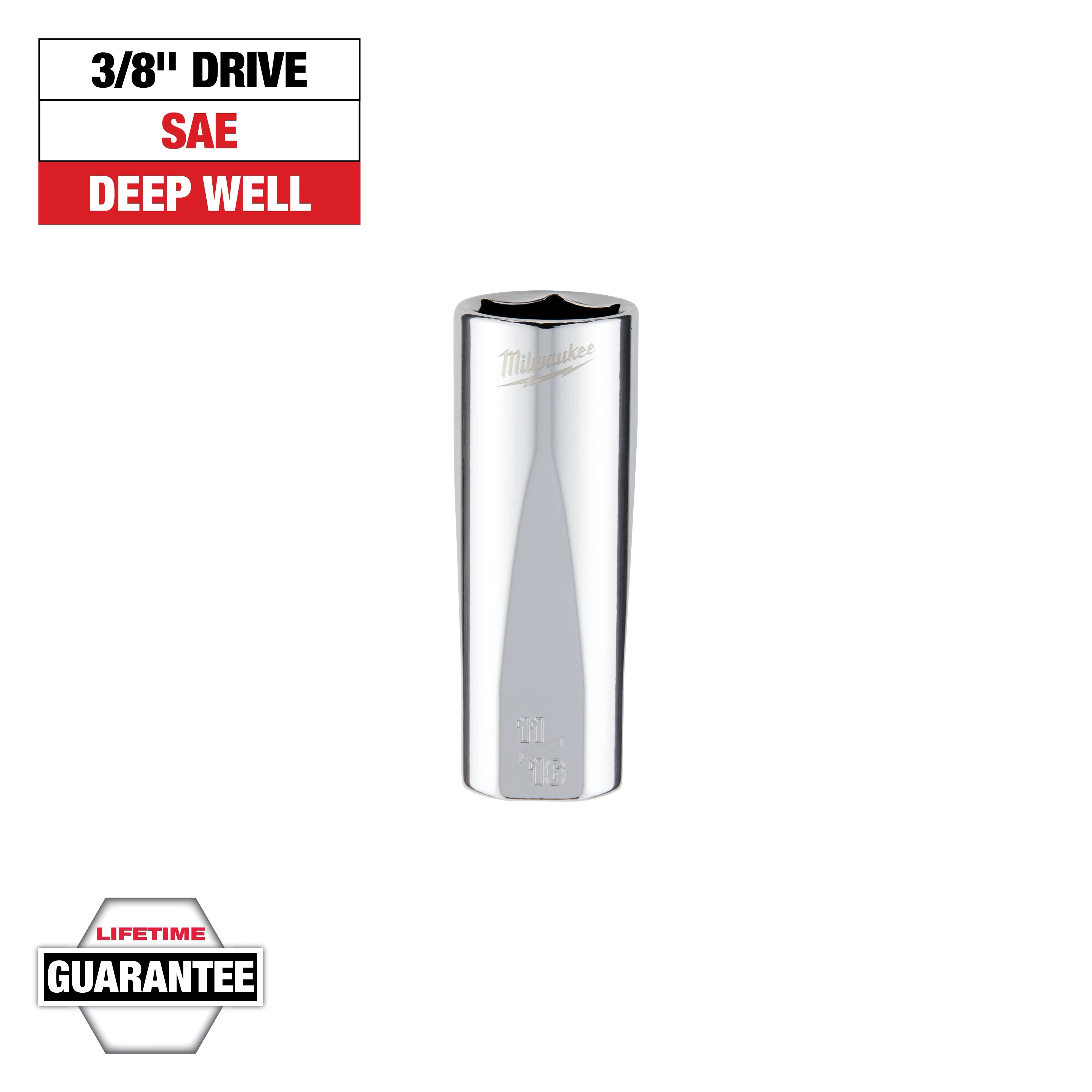This image shows a chrome Milwaukee deep well socket with a 3/8-inch drive and SAE measurement. Text lists features, including "3/8'' Drive," "SAE," and "DEEP WELL." The bottom-left corner displays "LIFETIME GUARANTEE."