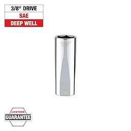This image shows a chrome Milwaukee deep well socket with a 3/8-inch drive and SAE measurement. Text lists features, including "3/8'' Drive," "SAE," and "DEEP WELL." The bottom-left corner displays "LIFETIME GUARANTEE."