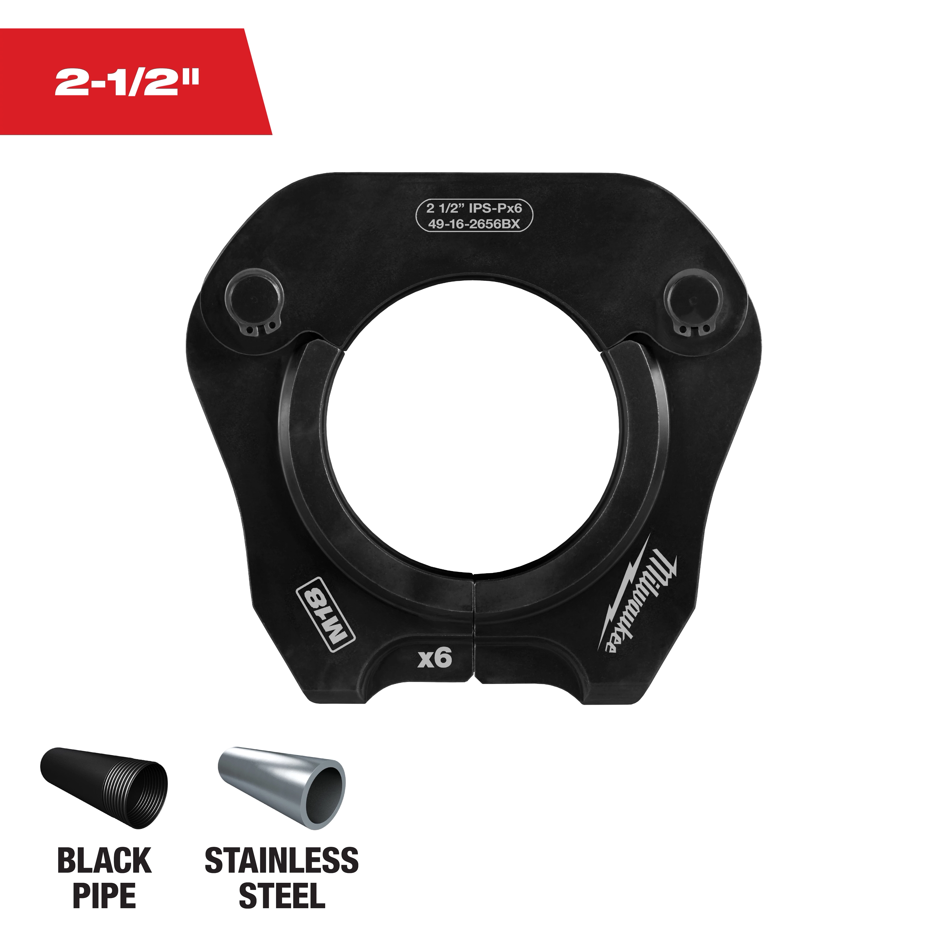 2-1/2" IPS-P Pivoting Press Ring for M18 Long Throw Press Tool, shown with icons for black pipe and stainless steel compatibility.