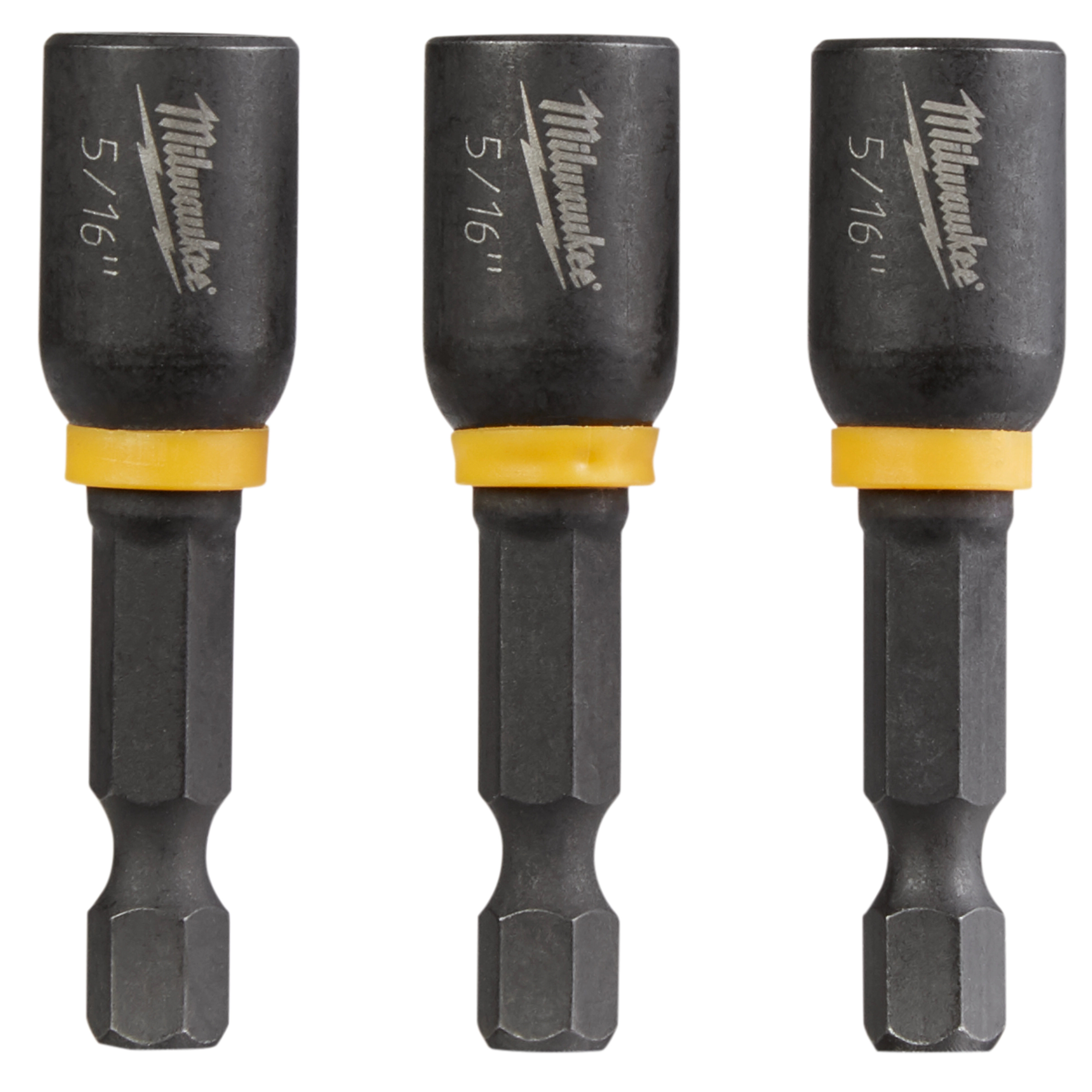 Three black SHOCKWAVE Impact Nut Drivers with yellow bands, each marked with their size as 5/16”, and the Milwaukee logo.