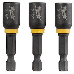 Three black SHOCKWAVE Impact Nut Drivers with yellow bands, each marked with their size as 5/16”, and the Milwaukee logo.