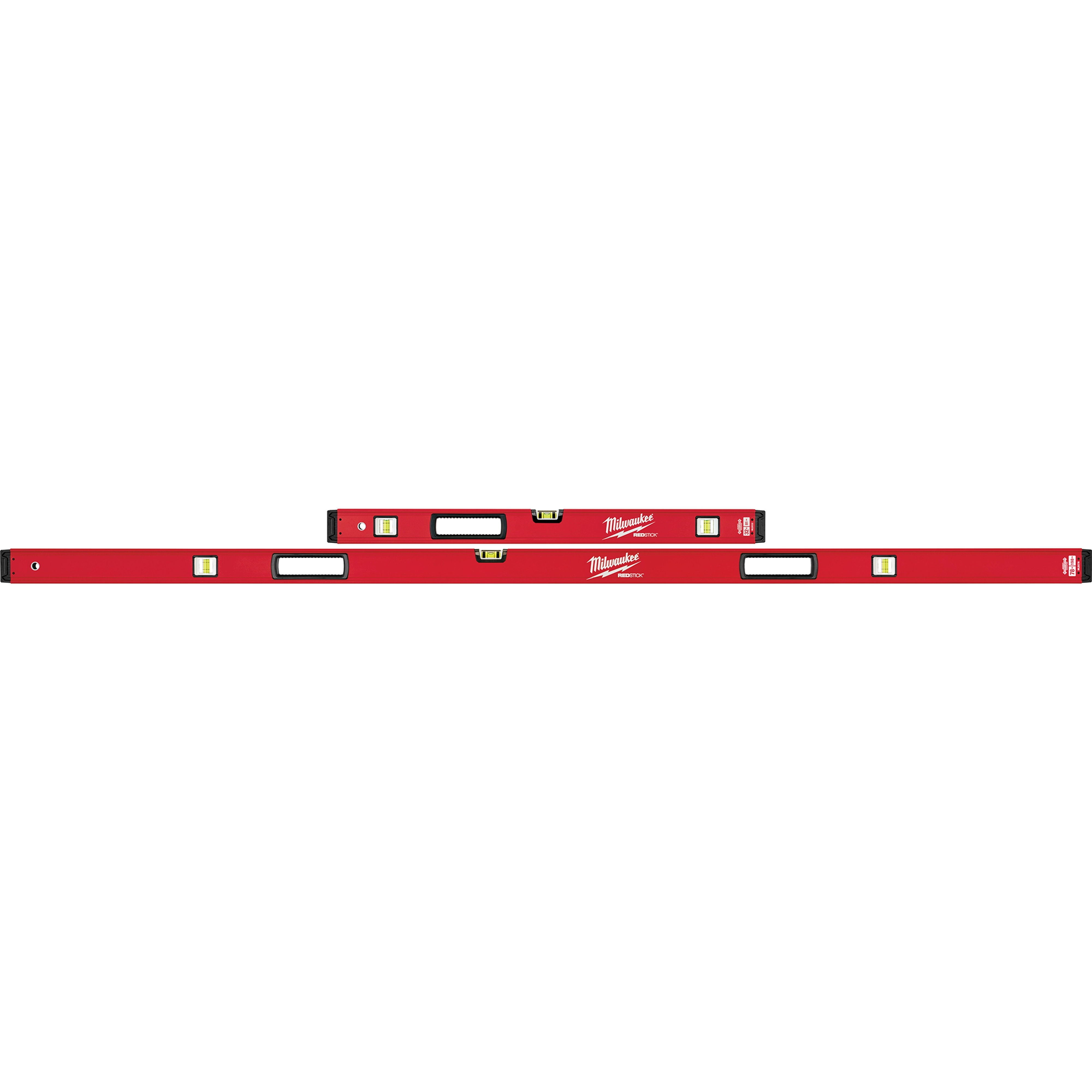 Red REDSTICK Levels with three bubble vials each. The smaller one is placed above the longer one. Both have brand logos in white.