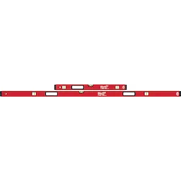 Red REDSTICK Levels with three bubble vials each. The smaller one is placed above the longer one. Both have brand logos in white.