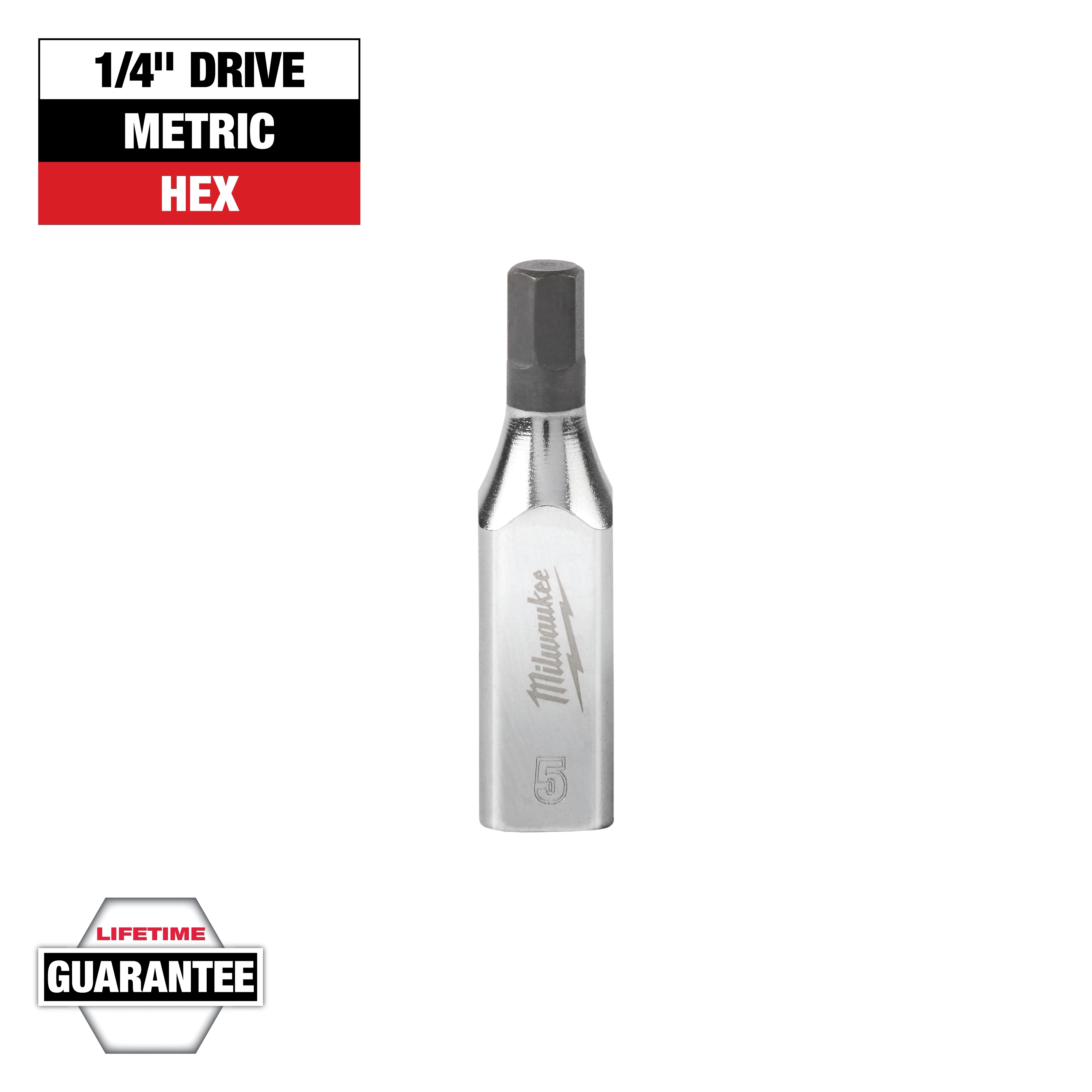 A Milwaukee 1/4" drive metric hex bit is shown. It has a brushed metal finish with the Milwaukee logo. The image notes the bit has a lifetime guarantee.