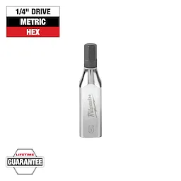 A Milwaukee 1/4" drive metric hex bit is shown. It has a brushed metal finish with the Milwaukee logo. The image notes the bit has a lifetime guarantee.