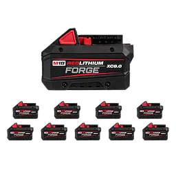 M18 REDLITHIUM FORGE XC8.0 Battery (10 Pk) arranged with one large battery above nine smaller ones