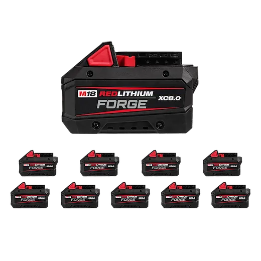 M18 REDLITHIUM FORGE XC8.0 Battery (10 Pk) arranged with one large battery above nine smaller ones