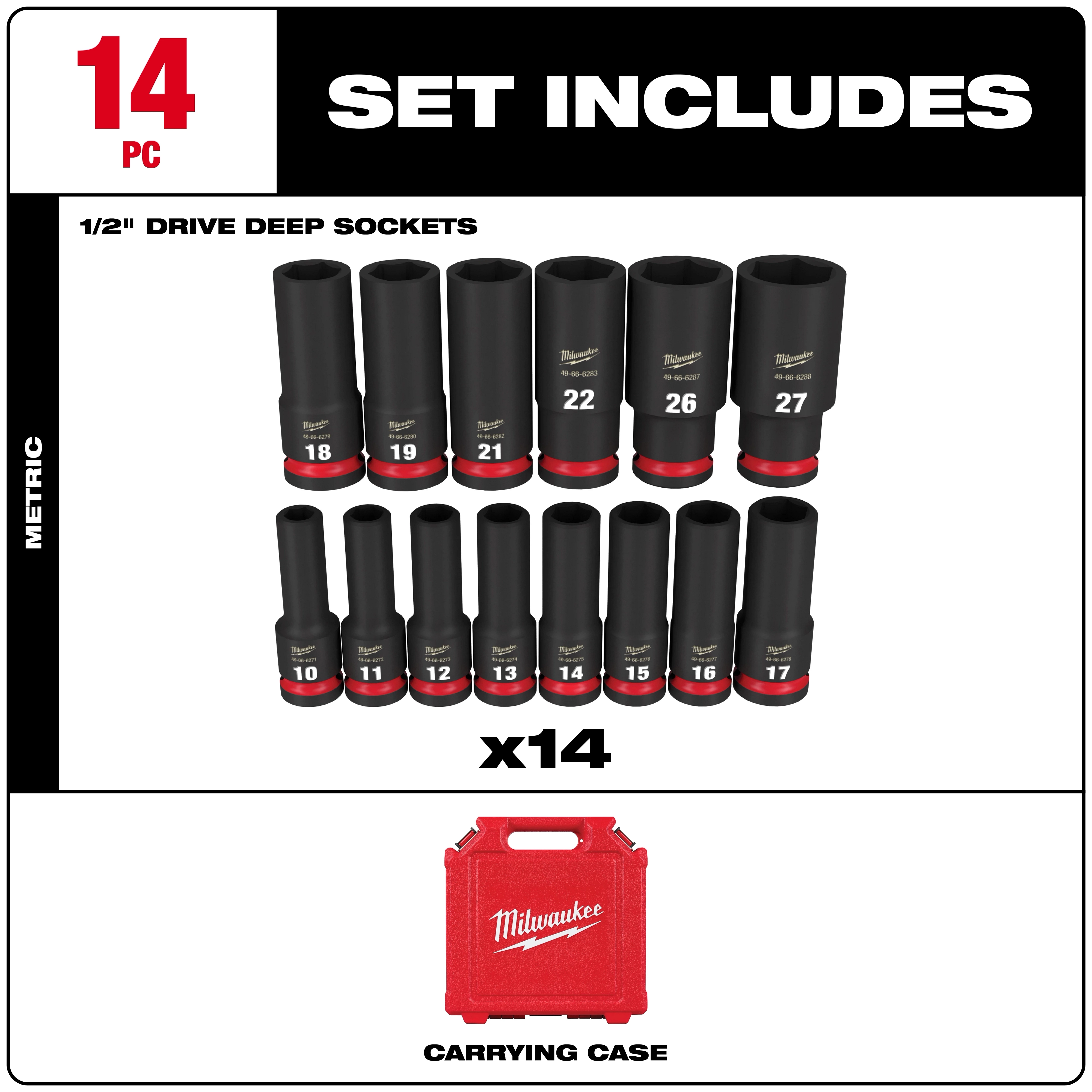 The Milwaukee 14-piece 1/2" drive deep socket set includes metric sizes 10-19, 21-22, 26, and 27. The set comes with a red carrying case with the Milwaukee logo for storage and transport.