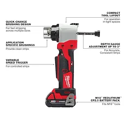 The M18 Cable Stripper Kit with 17 Cu THHN / XHHW Bushings features a compact design, variable speed trigger, and depth gauge adjustment.