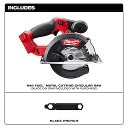 Milwaukee-branded M18 FUEL™ Metal Cutting Circular Saw with red and black handle, displayed alongside a blade wrench. The blade comes pre-installed on the saw and is included with the purchase, as indicated in the text above and below the product image.