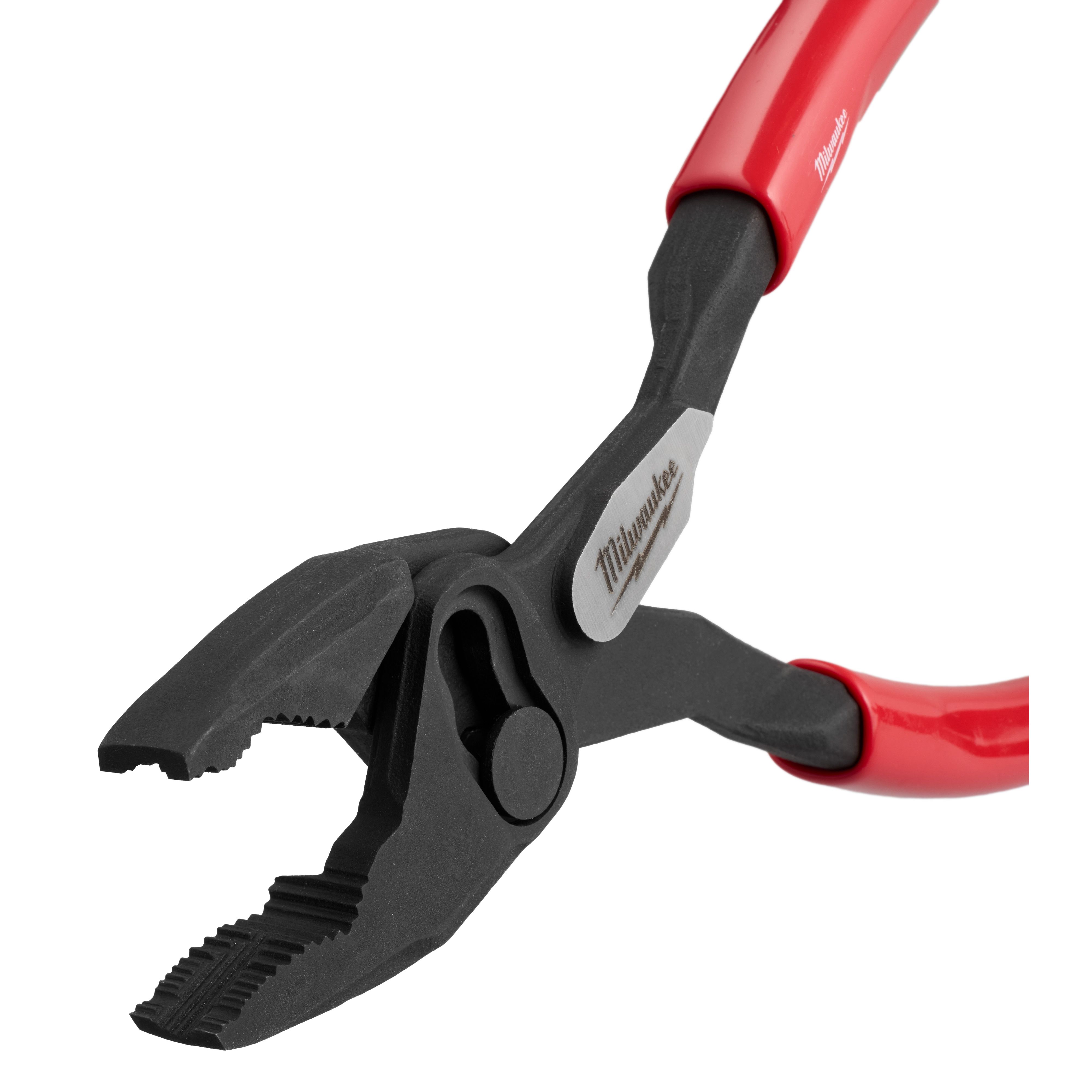 8" Slip Joint Pliers with black serrated jaws and red handles. The tool features a central pivot point that allows the jaw to adjust in size for gripping various objects.