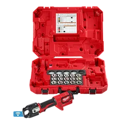 The M18™ FORCE LOGIC™ 600 MCM Crimper with #8 - 600 MCM Cu Dies is displayed in a red carrying case with multiple compartment sections. The set includes the crimper tool and various dies for copper crimping tasks, designed for electrical and mechanical applications.