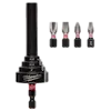 The image shows a Milwaukee SHOCKWAVE™ Conduit Reaming Bit Holder with a black and silver finish. The holder has size markings 1/2, 3/4, and 1, and includes four additional bit attachments of various shapes and sizes, labeled with size codes.