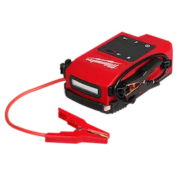 The image shows an M18™ HOTSHOT™ Jump Starter in red with a coiled jumper cable and clamp. The jump starter has a control panel on its top and the Milwaukee brand logo on the side.