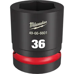 The 1" DR 36MM STD Impact Socket is a black, heavy-duty socket with a 36mm opening, featuring a red ring near the base and the product number 49-66-6601. It is designed for high-torque applications. The brand name is printed in gold lettering.