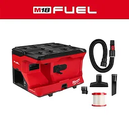M18 FUEL 4 Gallon Wet/Dry Vacuum w/ PACKOUT Compatibility & VACLINK with hose, nozzles, and filter on a plain background.