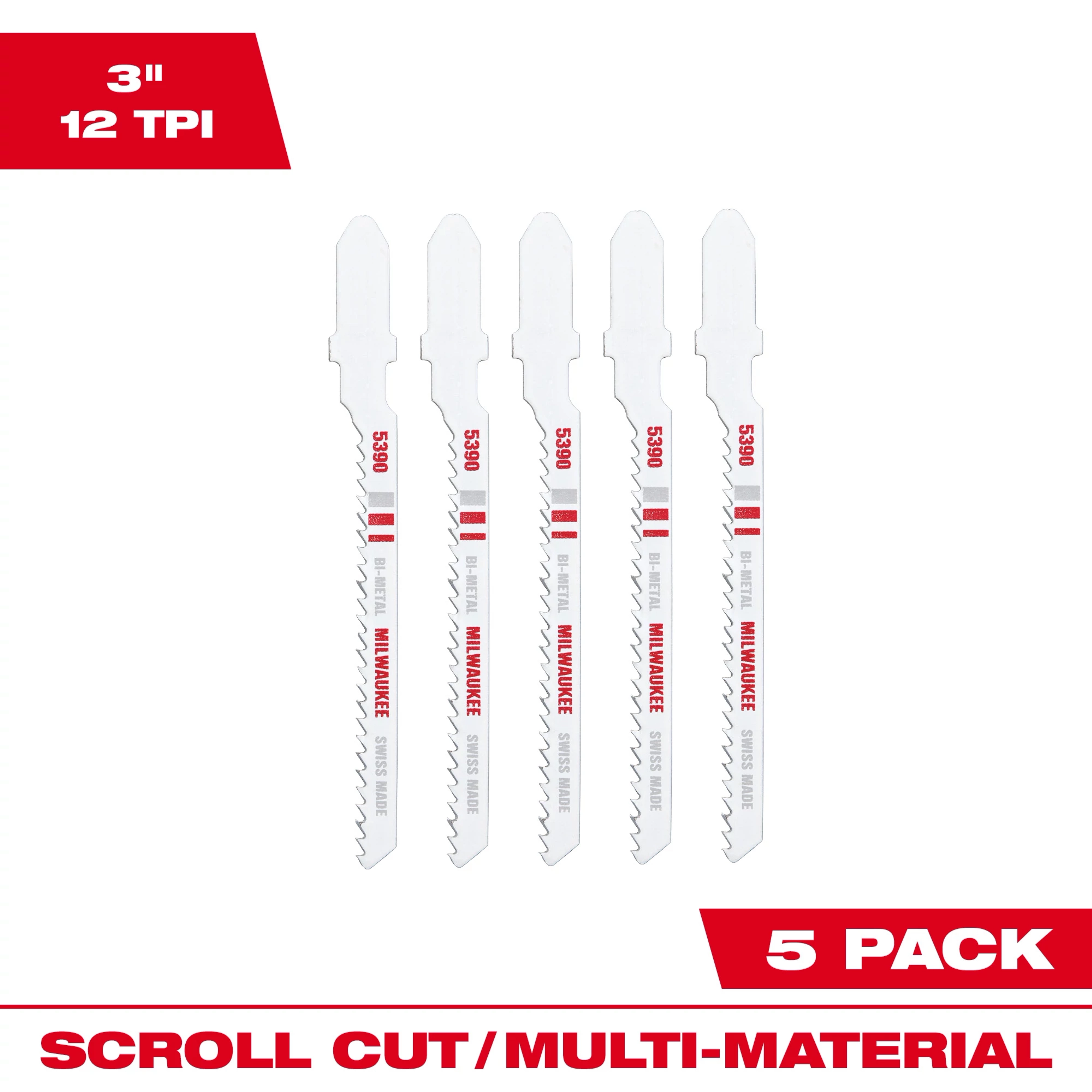 3" 12TPI T-Shank Multi-Material Bi-Metal Jig Saw Blades 5PK showing five blades in a package, designed for scroll cuts.