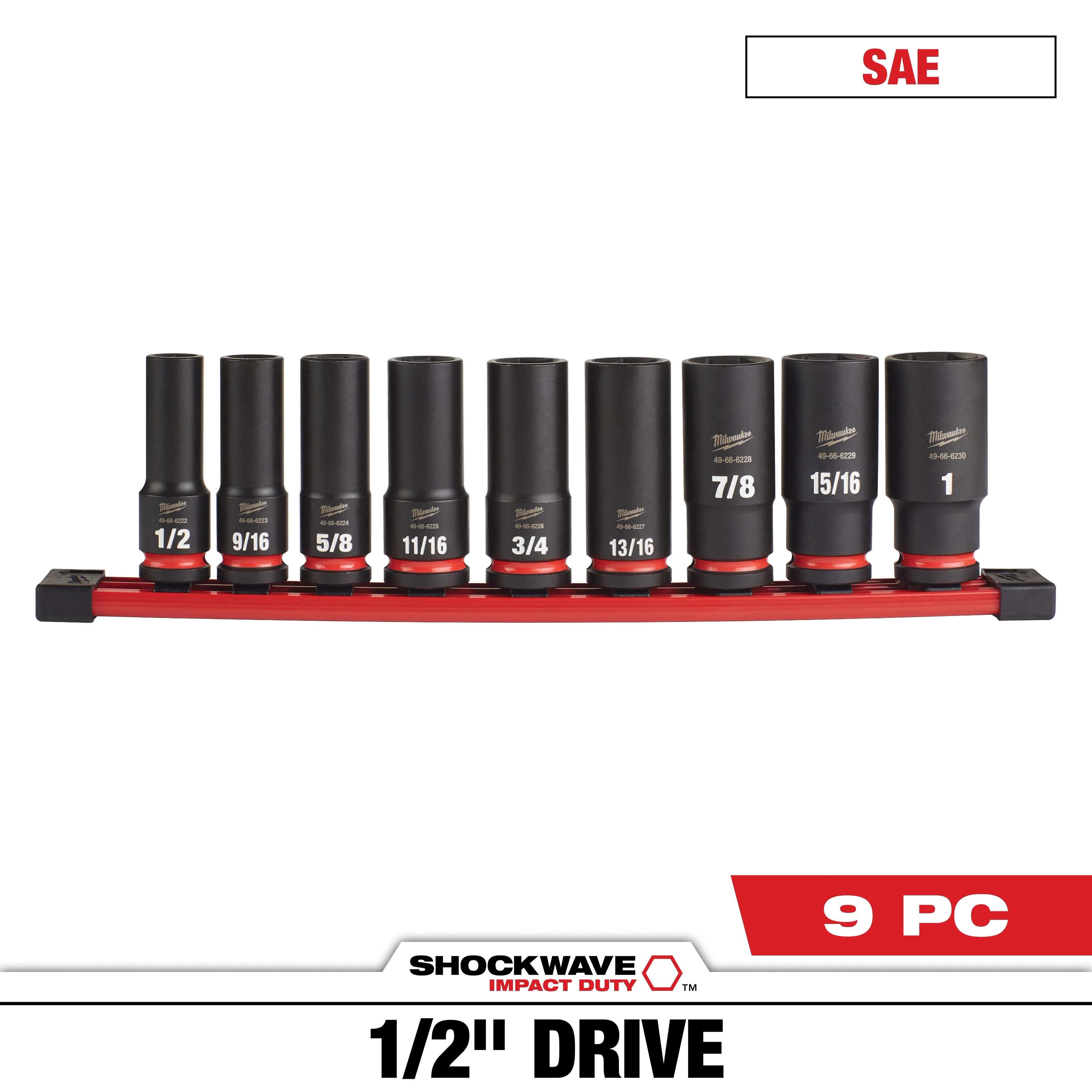 The SHOCKWAVE Impact Duty 1/2 in. Drive SAE Deep Well Impact Socket Set (9-Piece) features nine black impact sockets in varying sizes from 1/2 inch to 1 inch. They are mounted on a red storage tray. The sockets are labeled with their respective sizes and are built for heavy-duty impact use.