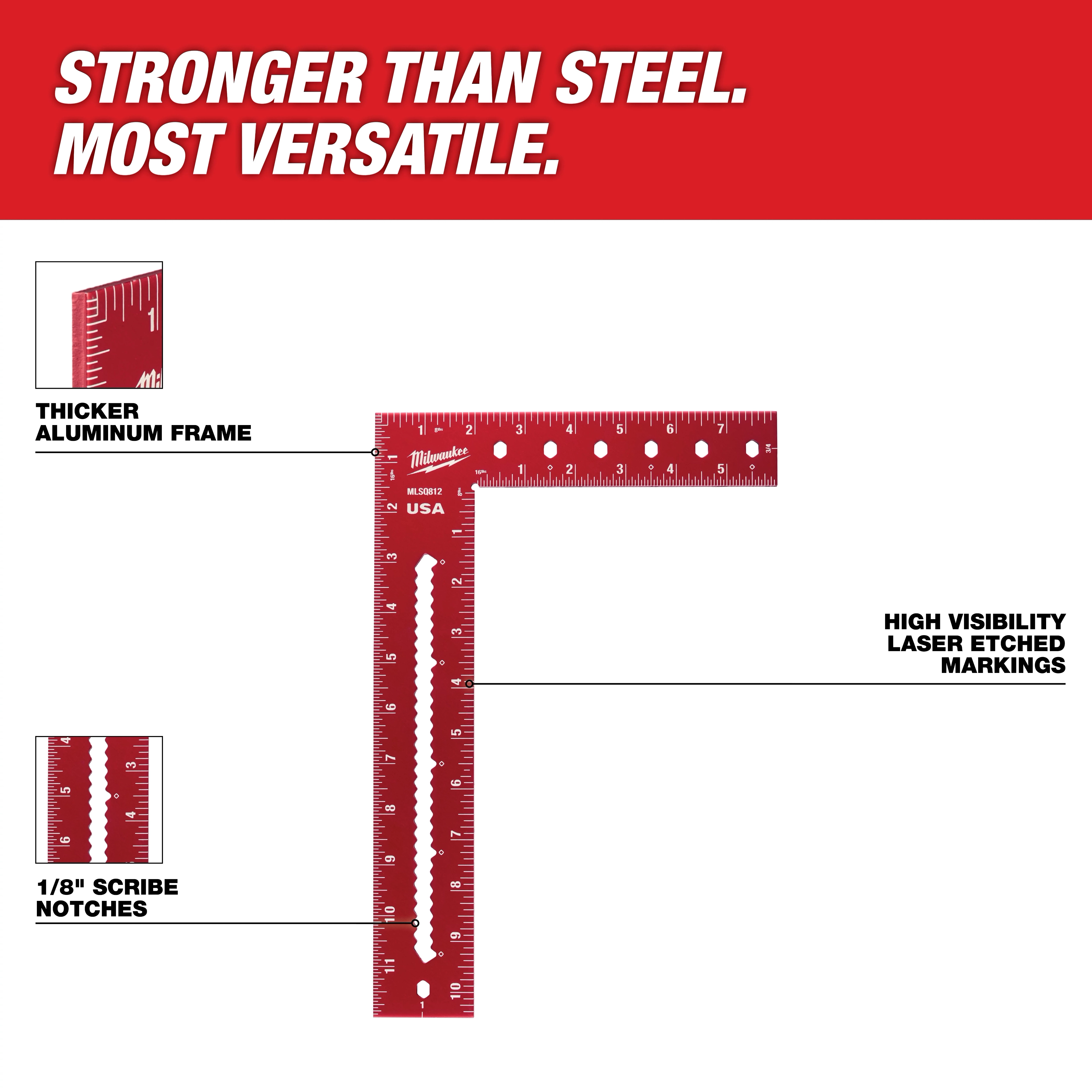 Image of an 8"x12" Framing Square showing features like a thicker aluminum frame, 1/8" scribe notches, and high visibility laser etched markings. The text reads, "STRONGER THAN STEEL. MOST VERSATILE."