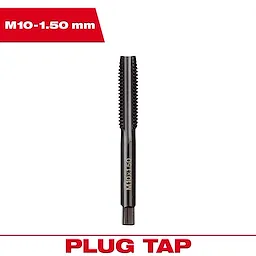 M10-1.50 mm Straight Flute Plug Tap is a cylindrical metal tool with cutting threads, used for creating screw threads.