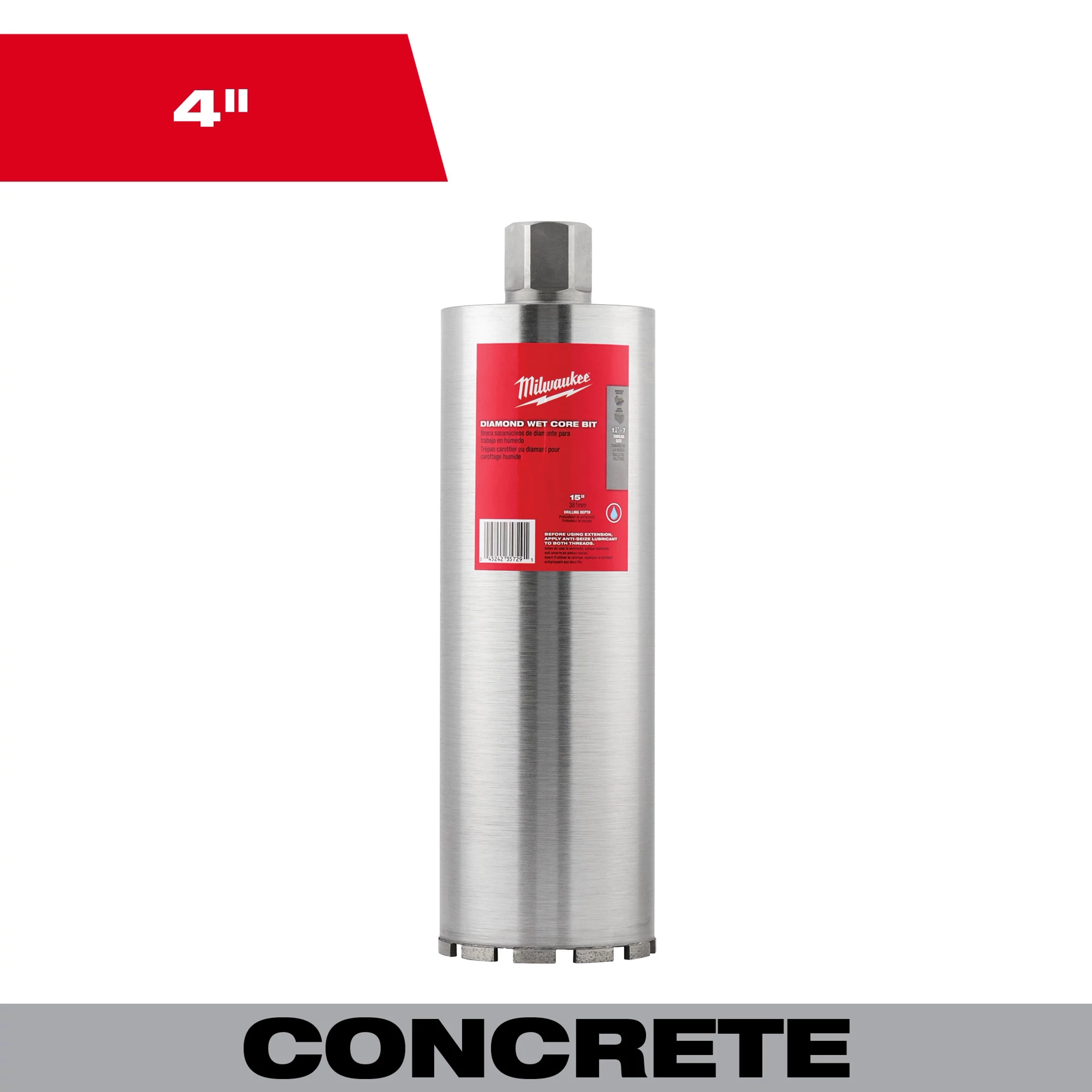 4" Diamond Wet Core Bit for concrete drilling, with a metallic finish and red label, designed for professional use.