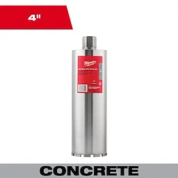 4" Diamond Wet Core Bit for concrete drilling, with a metallic finish and red label, designed for professional use.