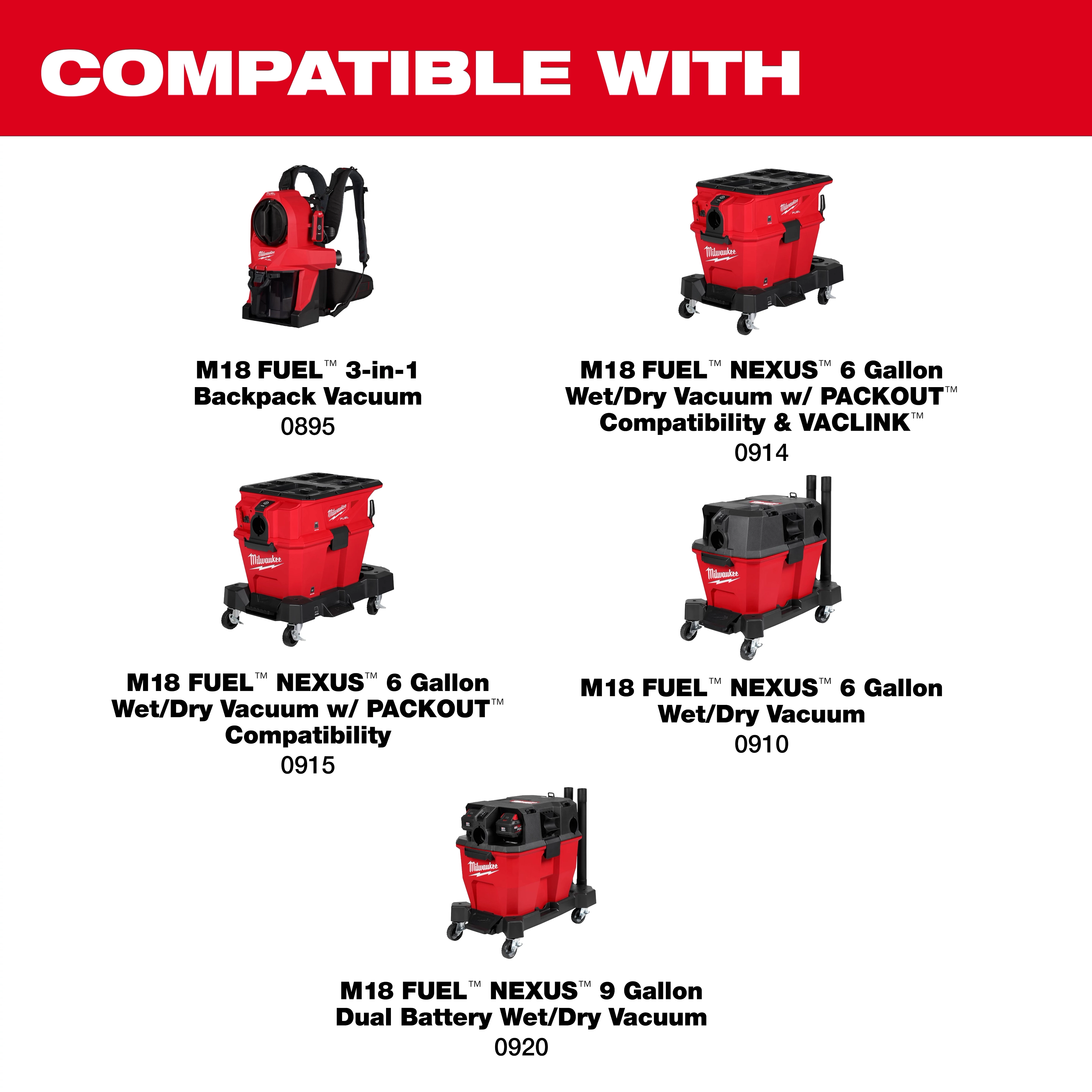 M18 FUEL™ 3-in-1 Backpack Vacuum Accessories are compatible with M18 FUEL™ Nexus models: 6 Gallon Wet/Dry Vacuum (0914 and 0915 with PACKOUT™ Compatibility), 6 Gallon Wet/Dry Vacuum (0910), and 9 Gallon Dual Battery Wet/Dry Vacuum (0920).
