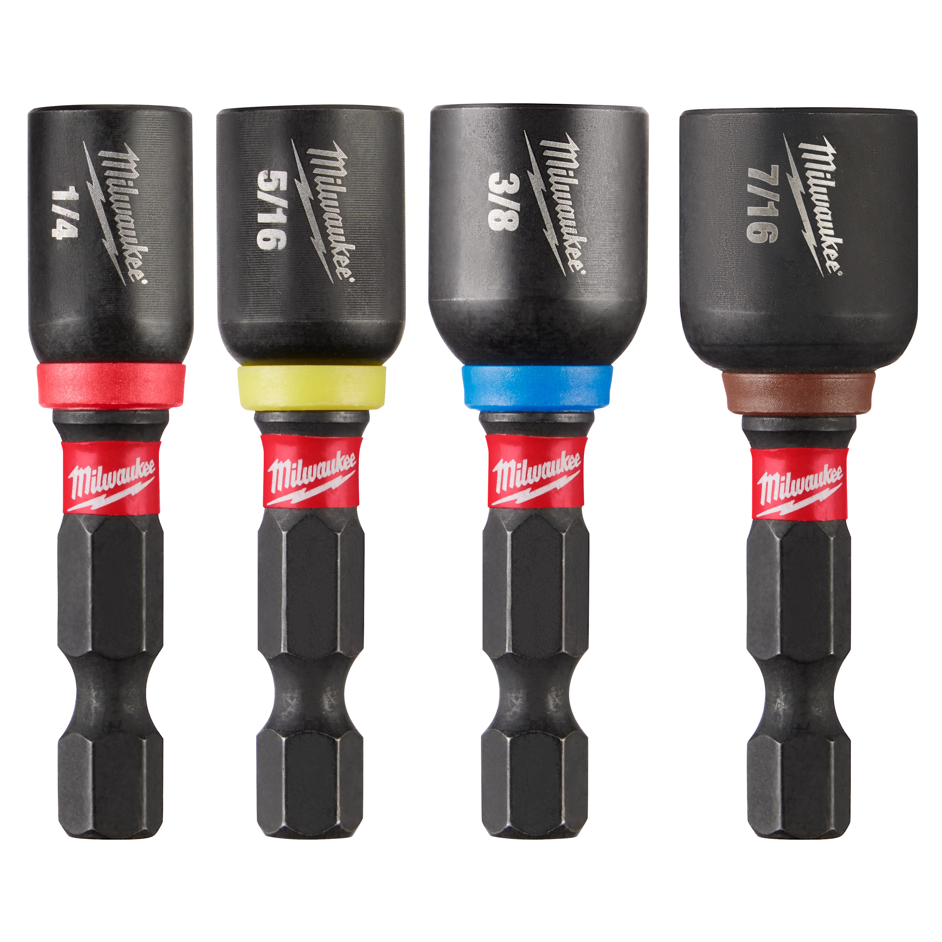 SHOCKWAVE Impact Duty 1-7/8" Magnetic Nut Driver Set 4PC showcases four nut drivers in various sizes with color-coded bands.