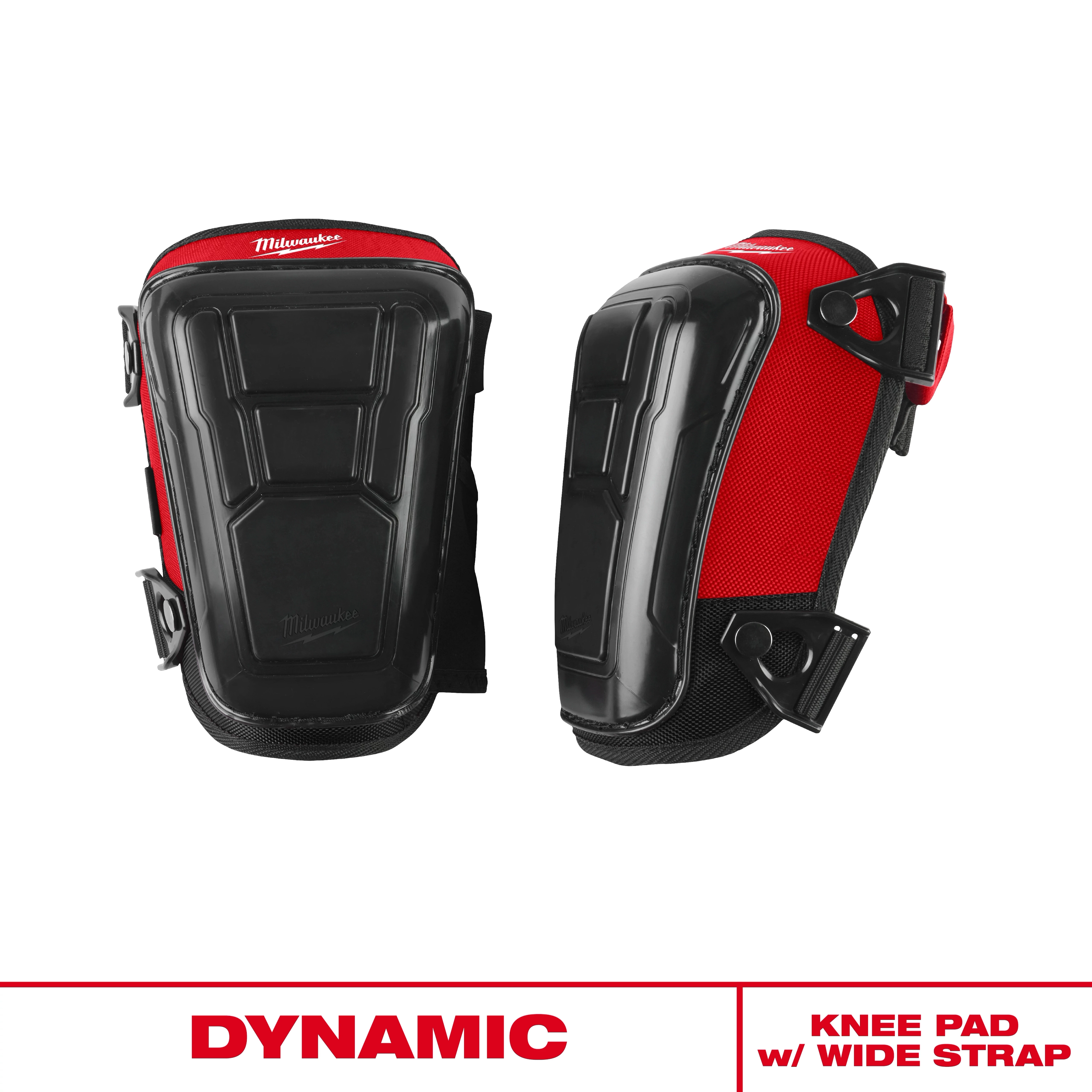 Dynamic Knee Pad with Wide Strap shown from front and side, featuring hard shell and wide adjustable strap.