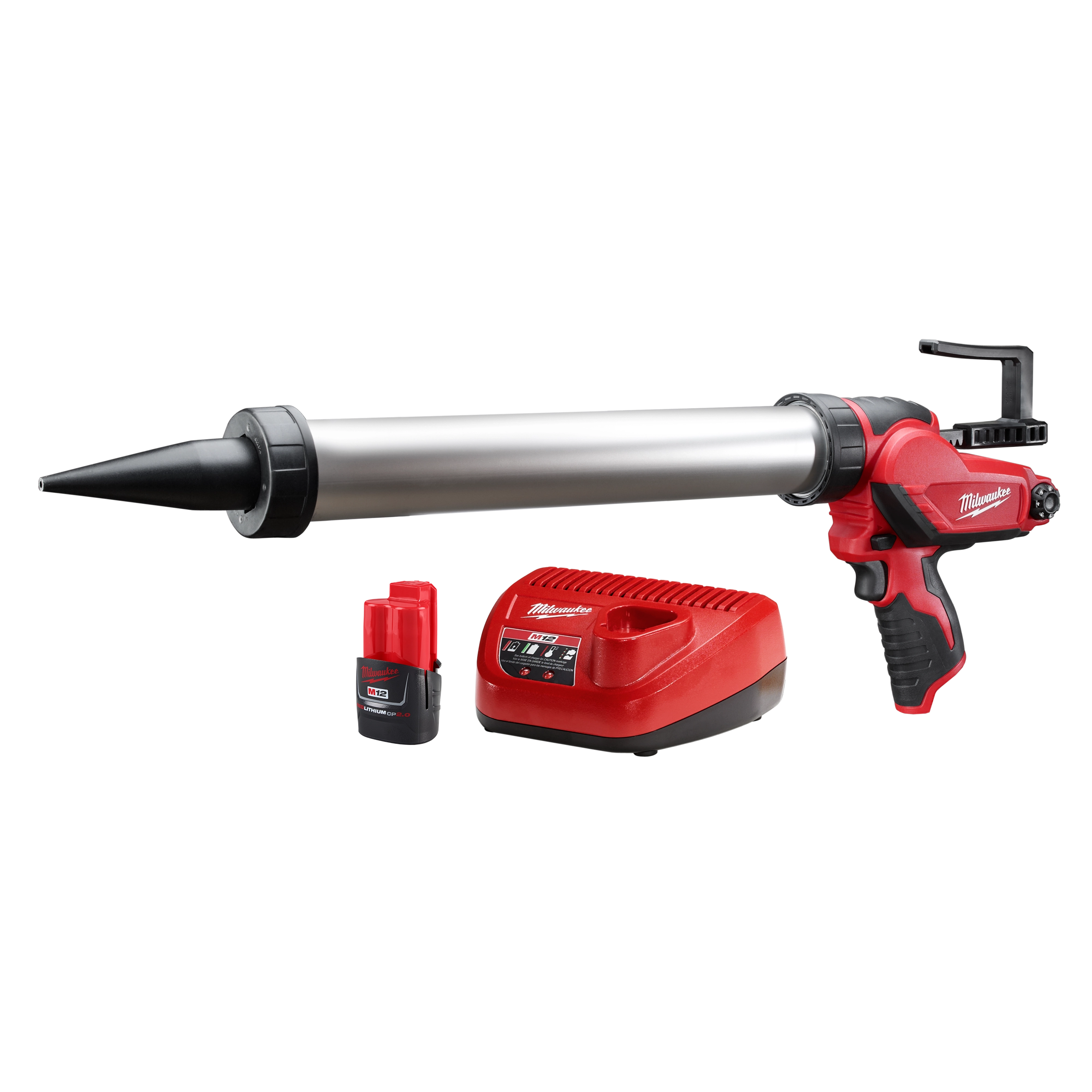 M12 20oz. Aluminum Barrel Sausage Style Caulk and Adhesive Gun Kit with battery and charger, featuring a red and black design.